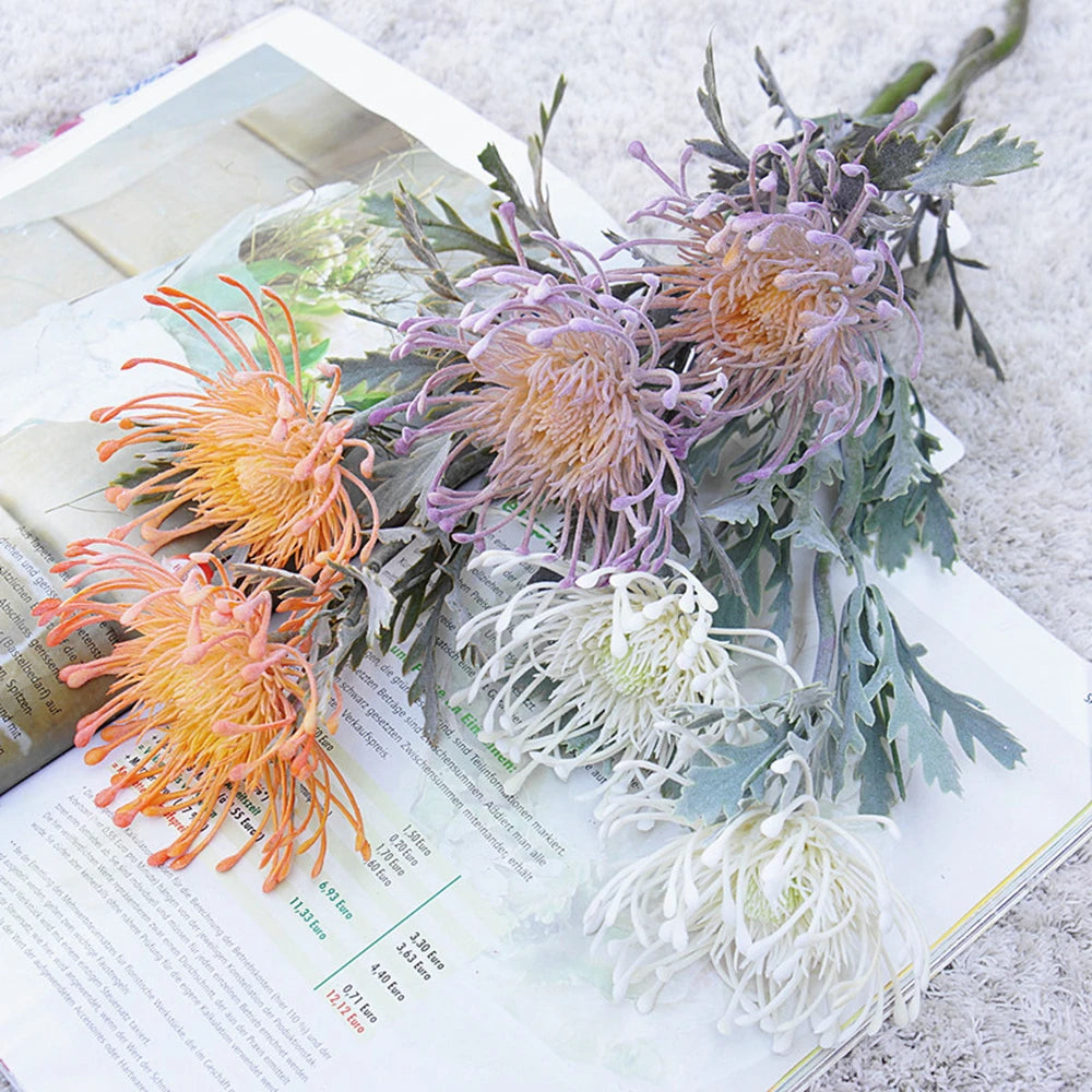 Orange, plum and white artificial pincushion flowers - vibrant event decoration