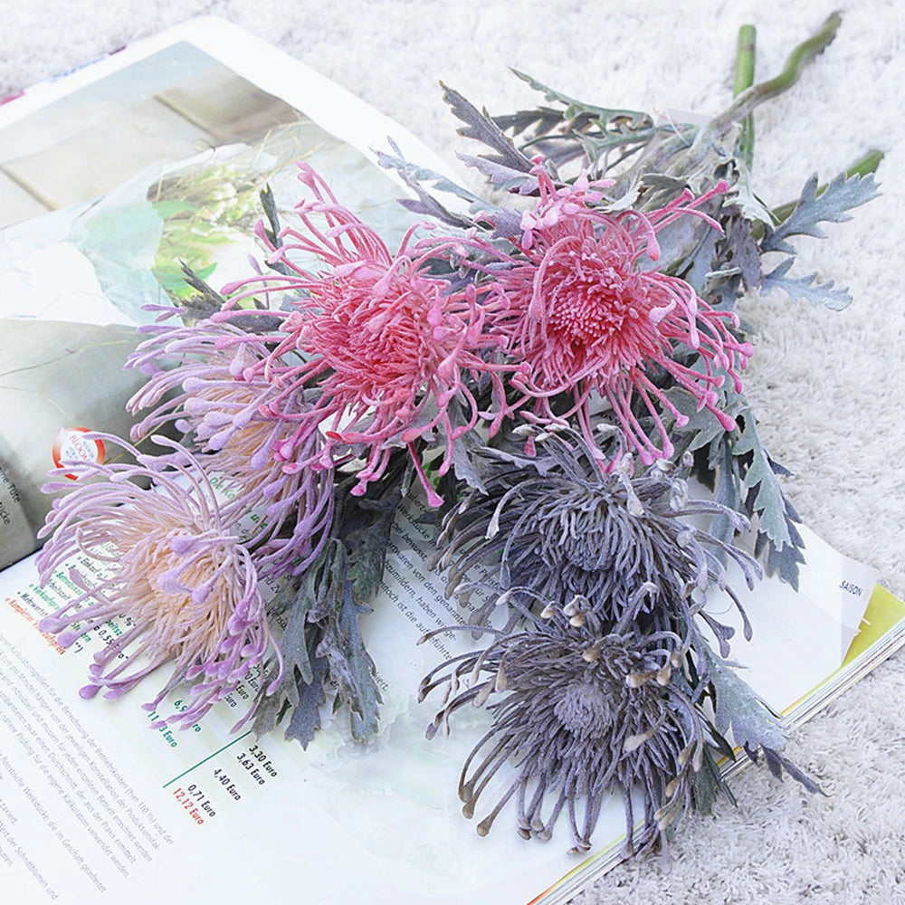 Gray, pink and plum artificial pincushion flowers - vibrant event decoration