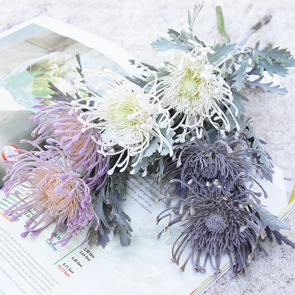 Gray, white and plum artificial pincushion flowers - vibrant event decoration