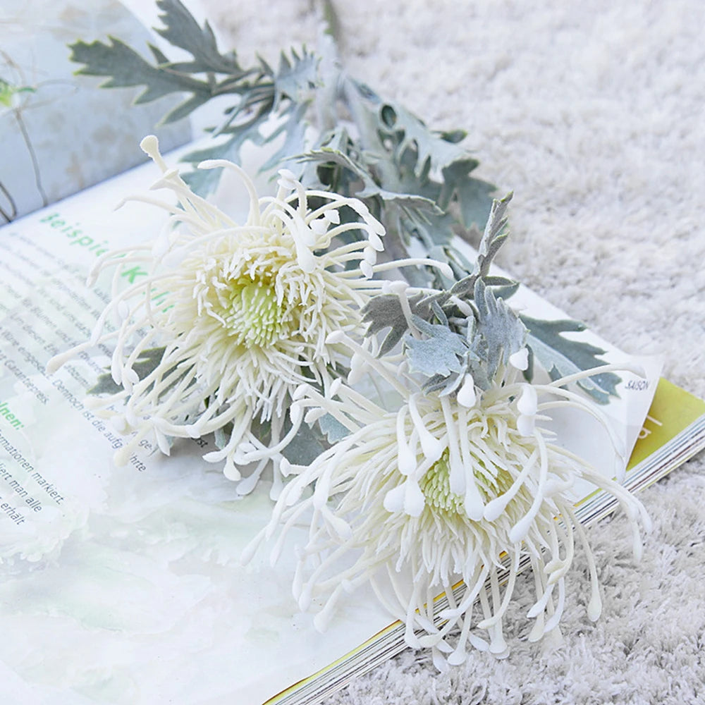 White artificial pincushion flowers - natural-toned festive accent