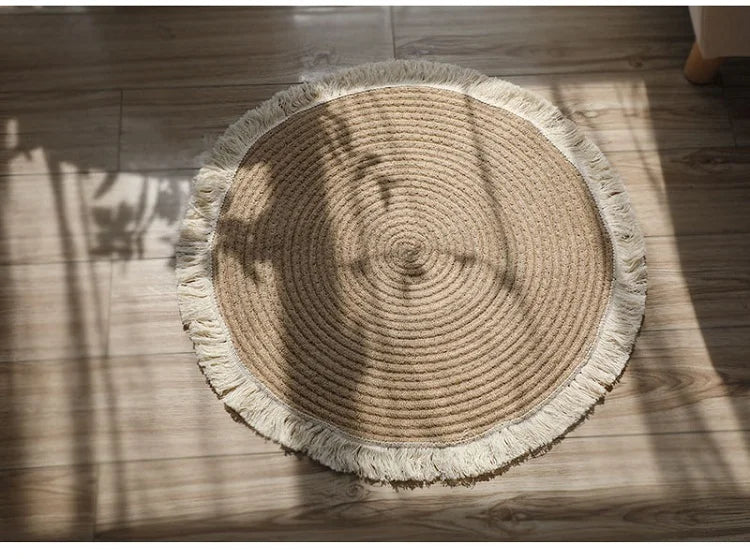 Veneta Handmade Round Jute Rug with Tassel - Natural Woven Rattan Carpet