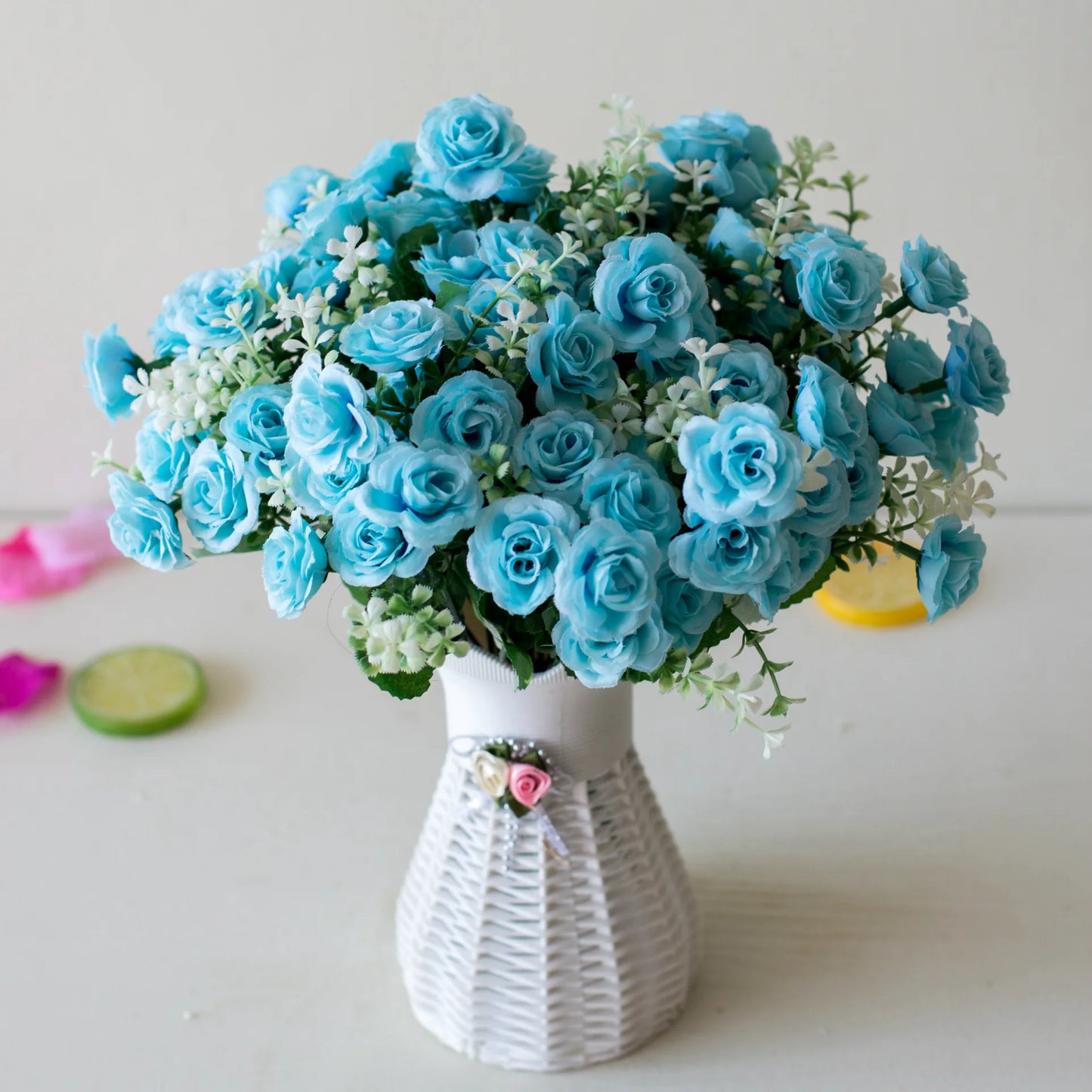 Artificial mini rose bouquet in turquoise blue - 15 heads for home and office decor
