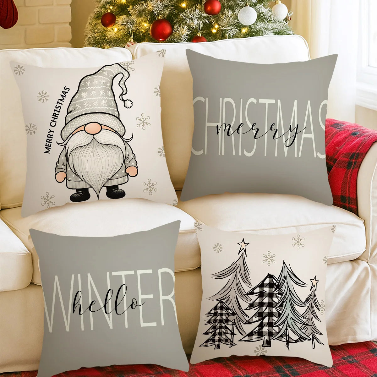 Lot de 4 housses de coussin de Noël en lin pour canapé et fauteuil