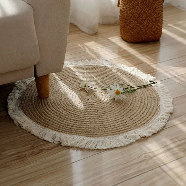 Veneta Handmade Round Jute Rug with Tassel - Natural Woven Rattan Carpet