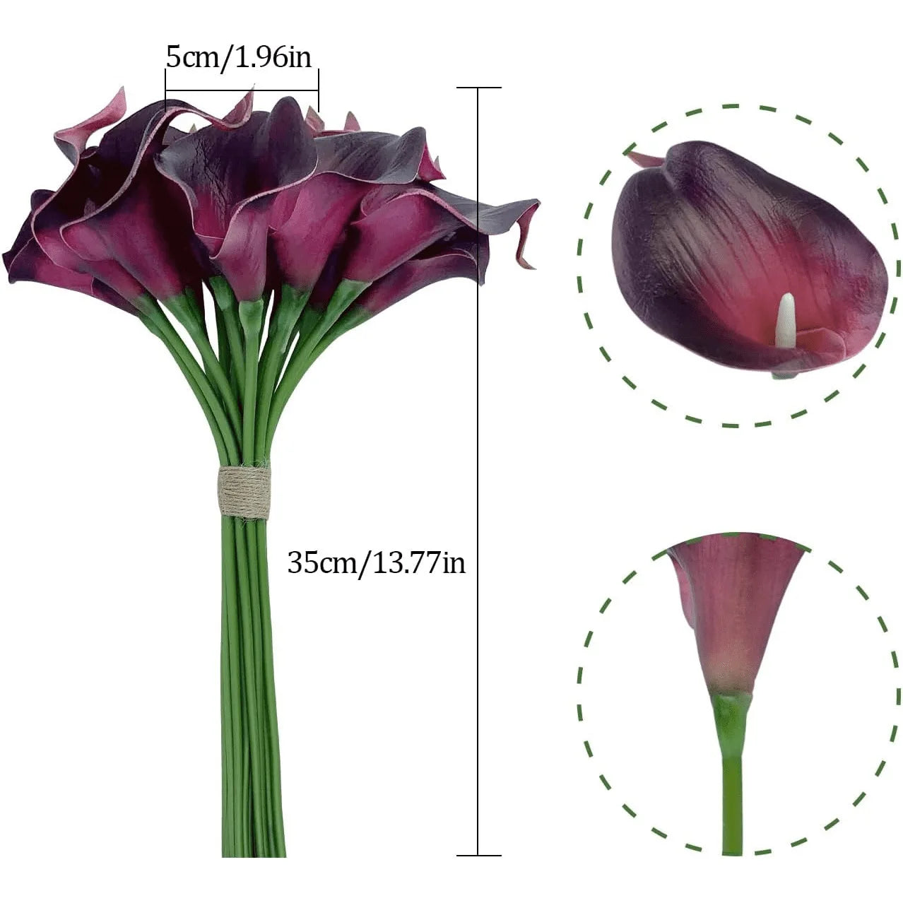 Artificial calla lily set showing curved petal shape and green stems with dimensions