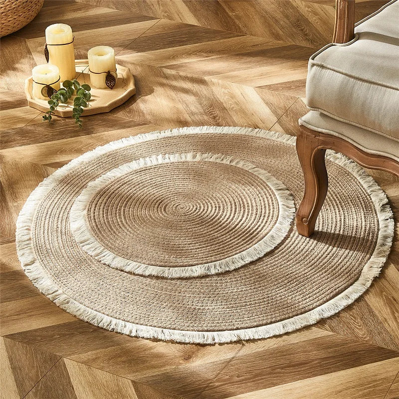 Veneta Handmade Round Jute Rug with Tassel - Natural Woven Rattan Carpet