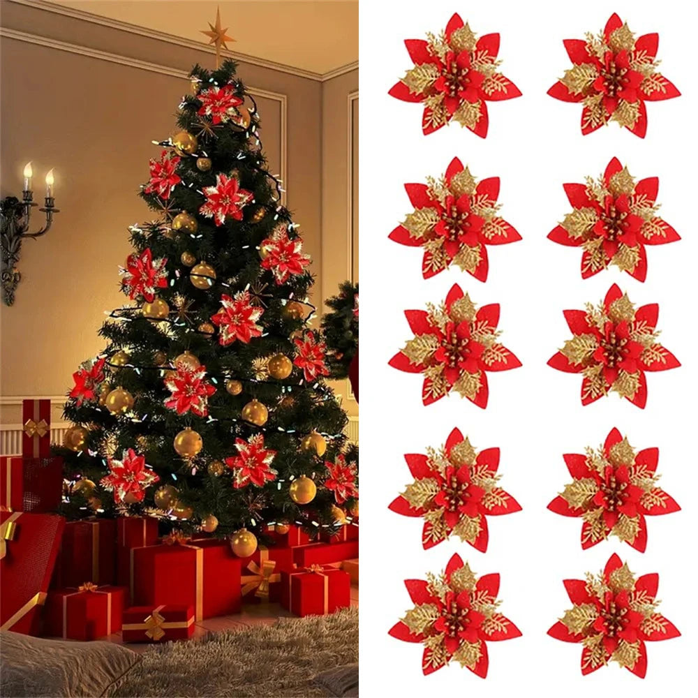 Fleurs de Noël artificielles pailletées – Décorations de 14,5 cm pour sapin et décoration d'intérieur, rose, rouge, or