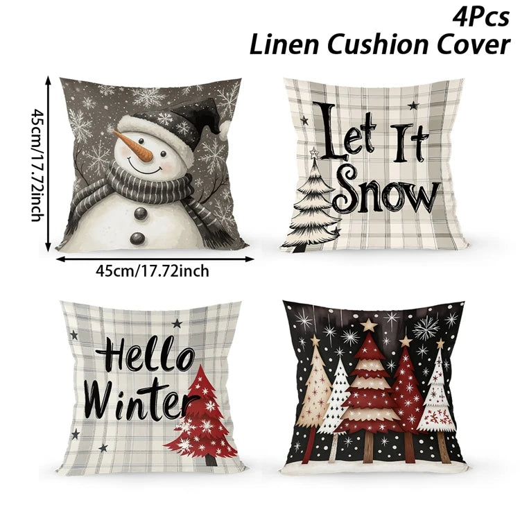 Lot de 4 housses de coussin de Noël en lin pour canapé et fauteuil