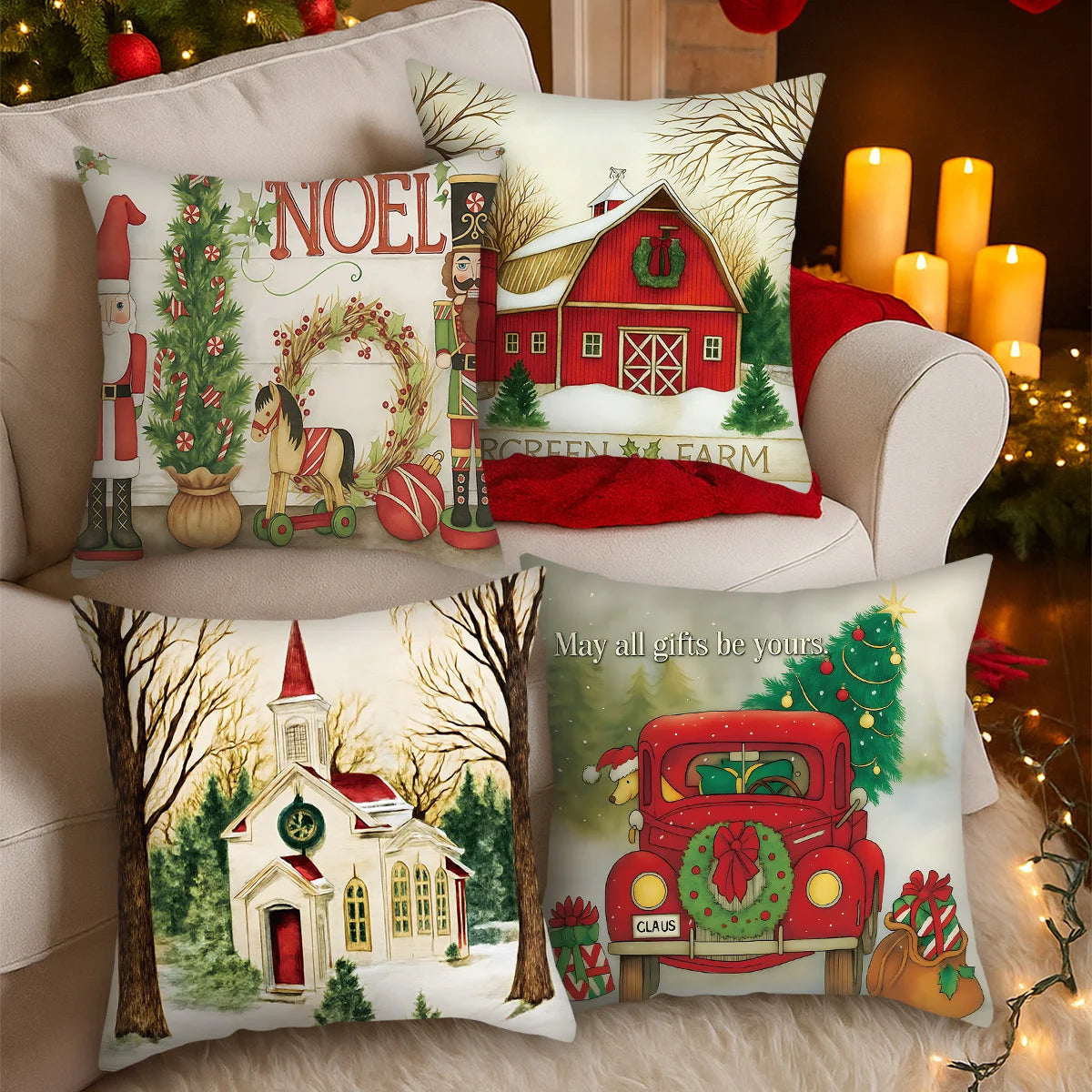 Lot de 4 housses de coussin de Noël en lin pour canapé et fauteuil