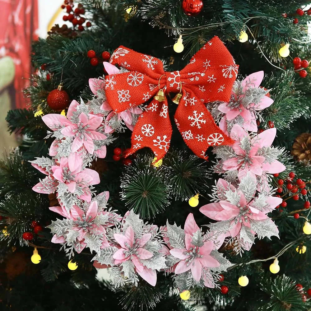 Fleurs de Noël artificielles pailletées – Décorations de 14,5 cm pour sapin et décoration d'intérieur, rose, rouge, or
