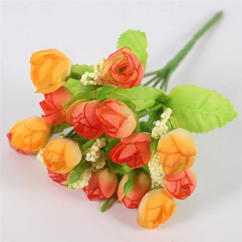 Orange small bud rose bouquet with green leaves - silk artificial flowers