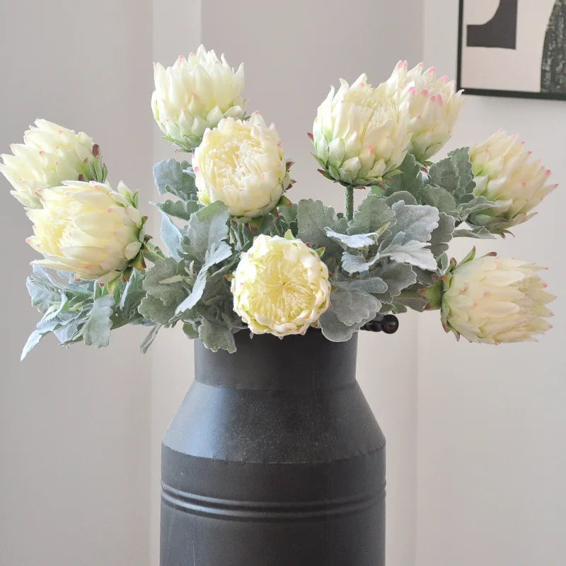 Cream artificial king protea in black vase - modern styling