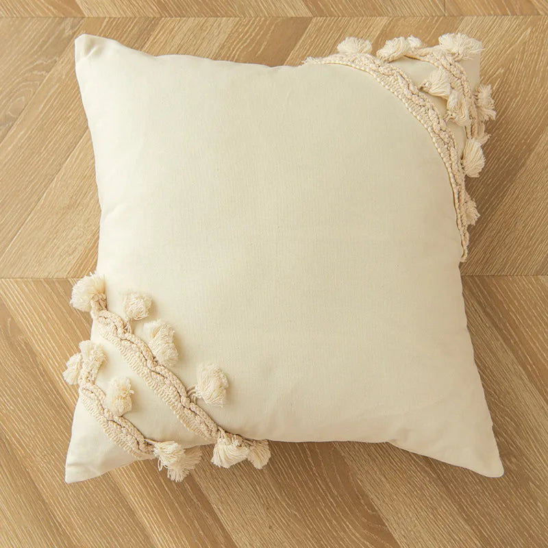 Housse de coussin marocaine à franges - Tissage en coton fait main avec pompons