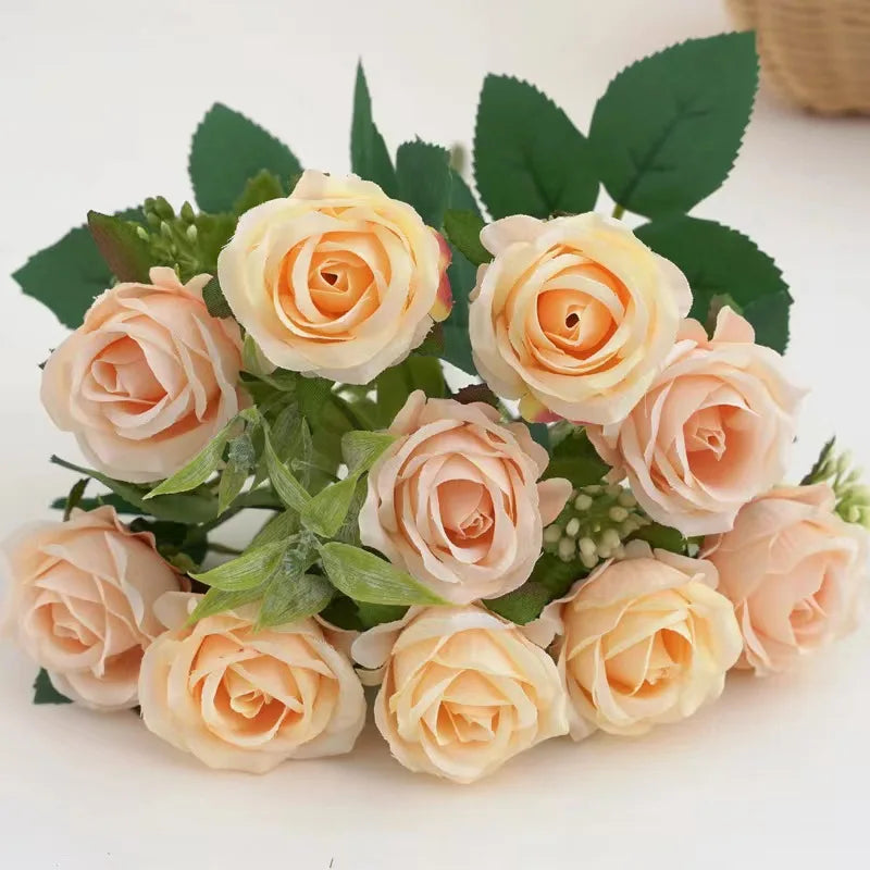 Romansia 10 Heads Rose Bouquet - Artificial Silk Flowers for Wedding Decor
