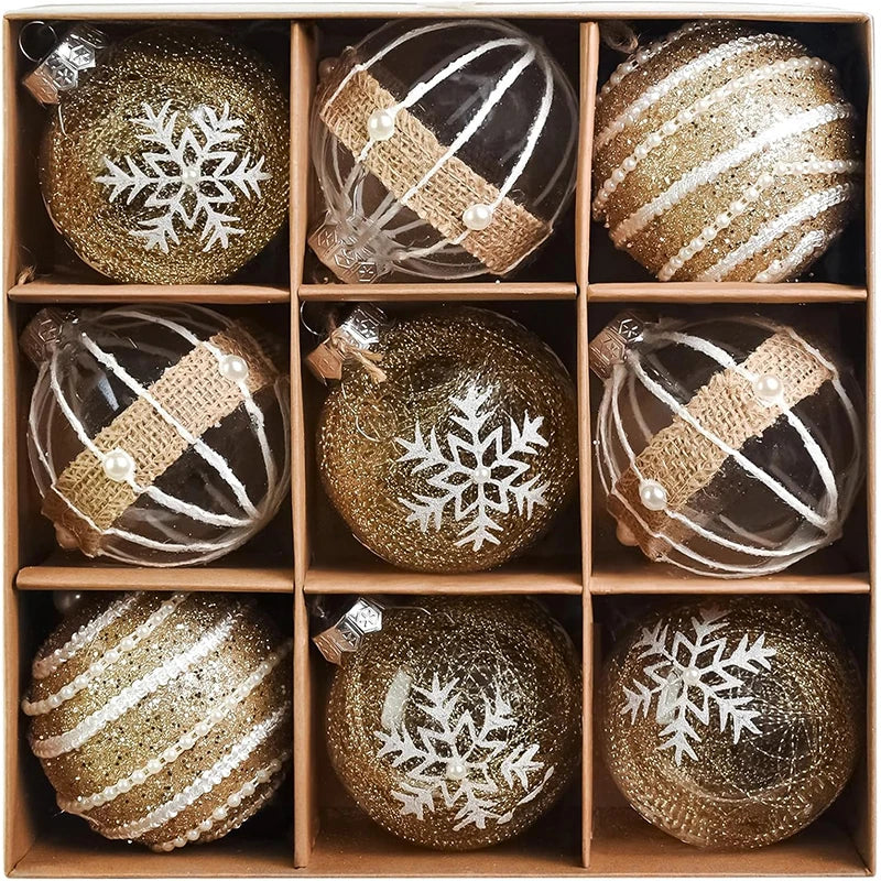 Crystal Gold Christmas Ball Ornaments Set - 9pcs Shatterproof 6cm