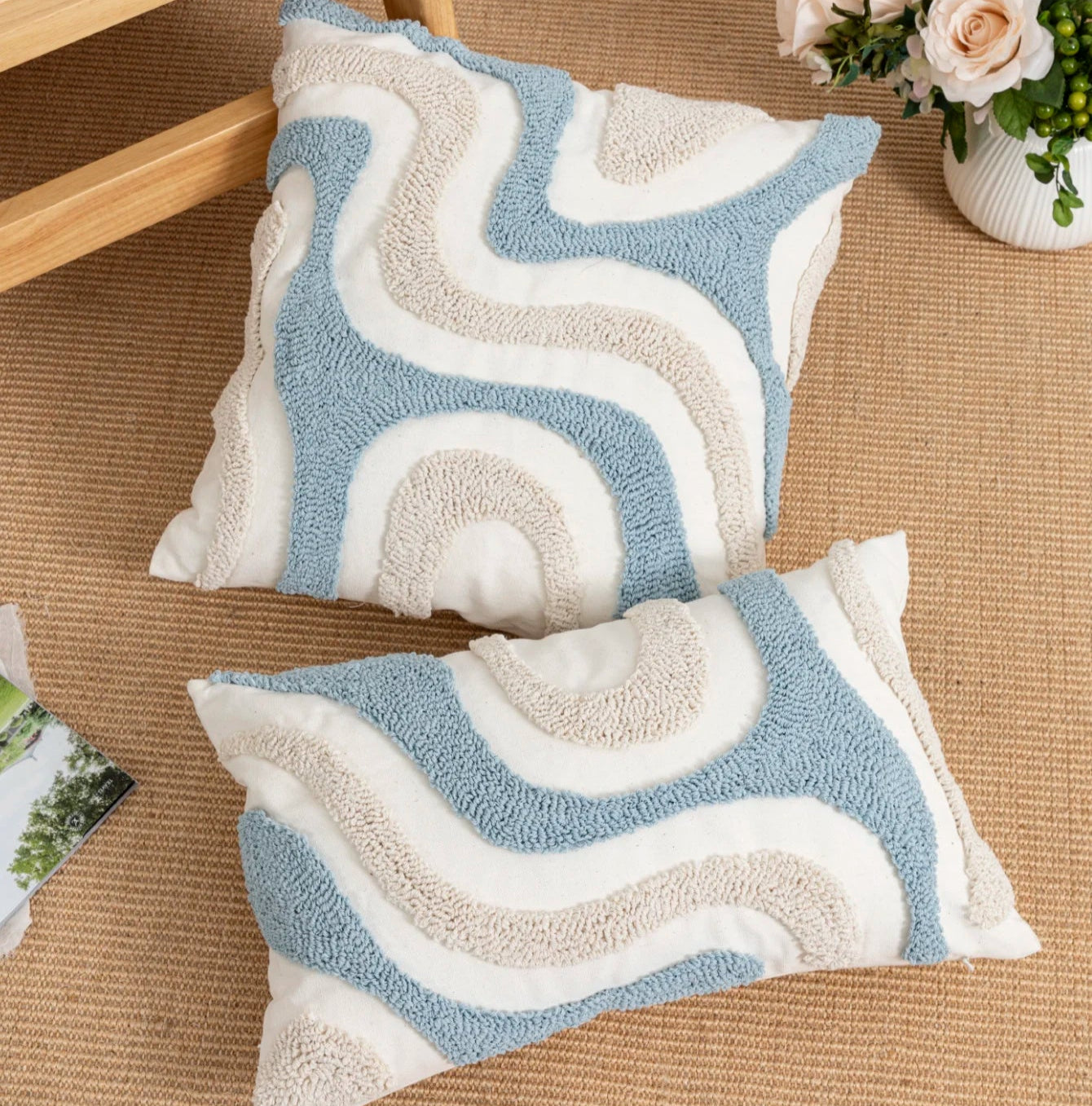 Tamara Boho Blue White Geometric Loop Velvet Pillow Cover - Decorative Cushion
