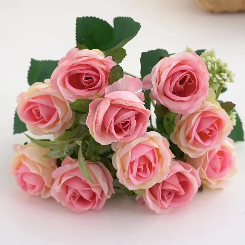 Romansia 10 Heads Rose Bouquet - Artificial Silk Flowers for Wedding Decor