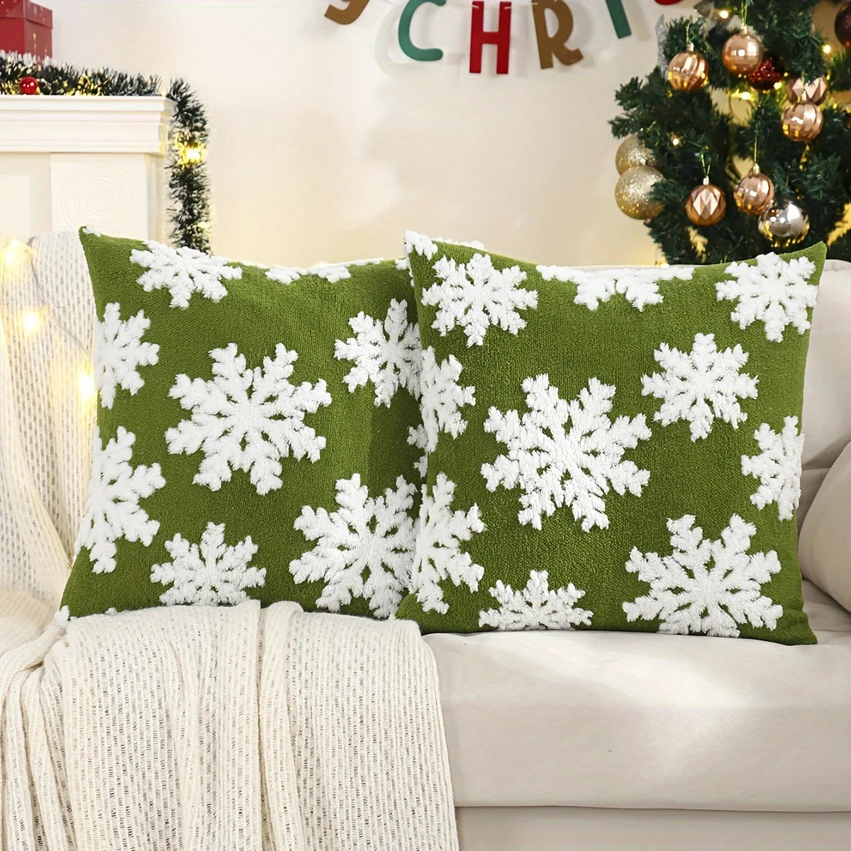 Housse de coussin décorative en jacquard de Noël - Motif flocon de neige