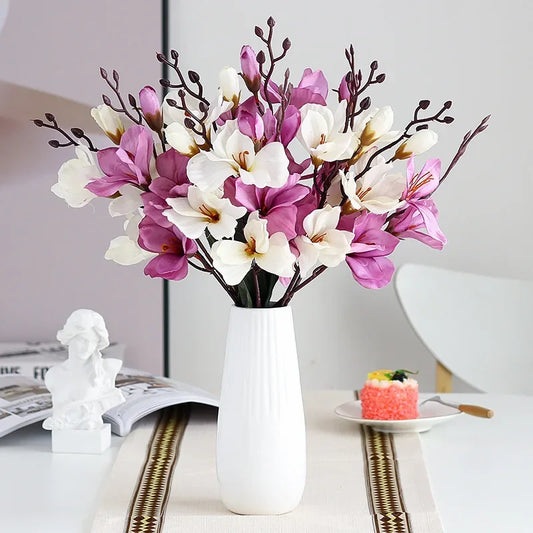 Magnolia bouquet 20 heads pink white artificial flowers in black vase home decor