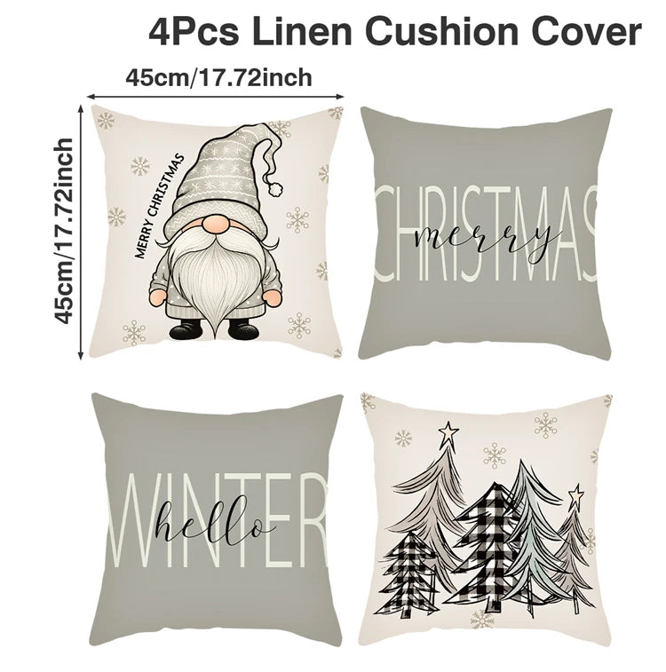 Lot de 4 housses de coussin de Noël en lin pour canapé et fauteuil