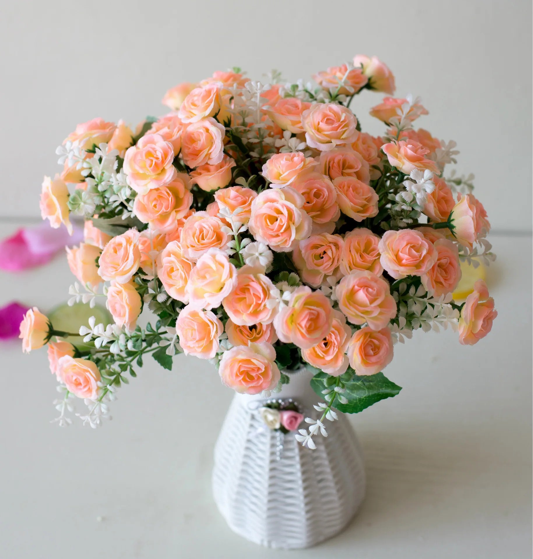 Peach artificial mini rose bouquet - realistic silk flowers
