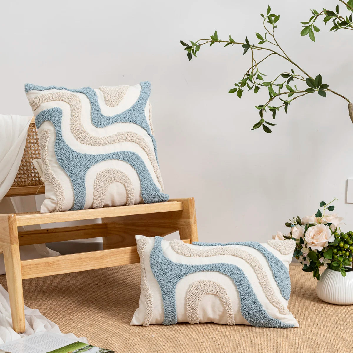 Tamara Boho Blue White Geometric Loop Velvet Pillow Cover - Decorative Cushion