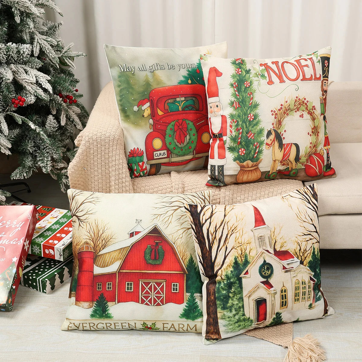 Lot de 4 housses de coussin de Noël en lin pour canapé et fauteuil