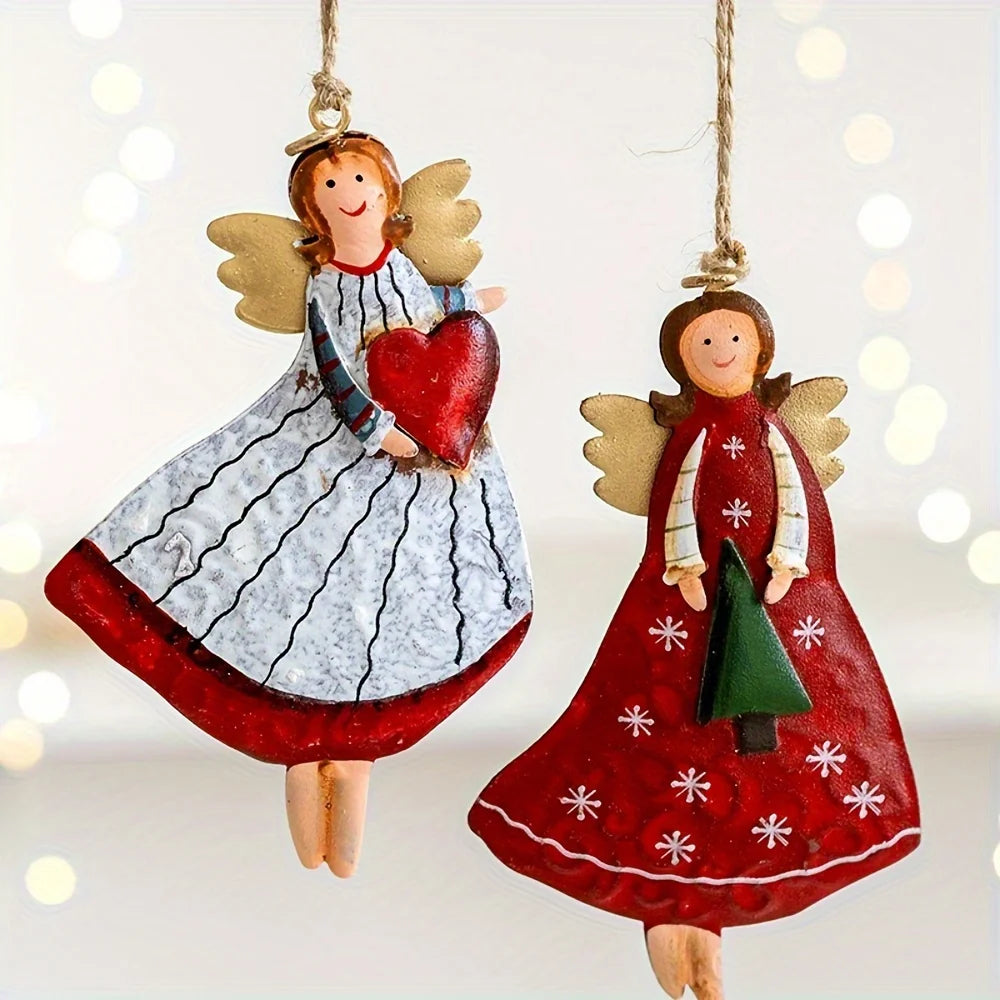 Zarah Vintage Angel Hanging Decorations - 4 Pack Wooden Christmas Tree Ornaments