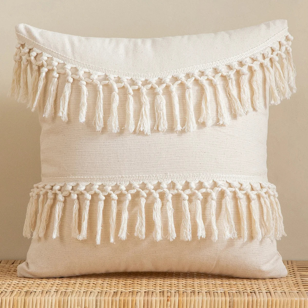Housse de coussin marocaine à franges - Tissage en coton fait main avec pompons
