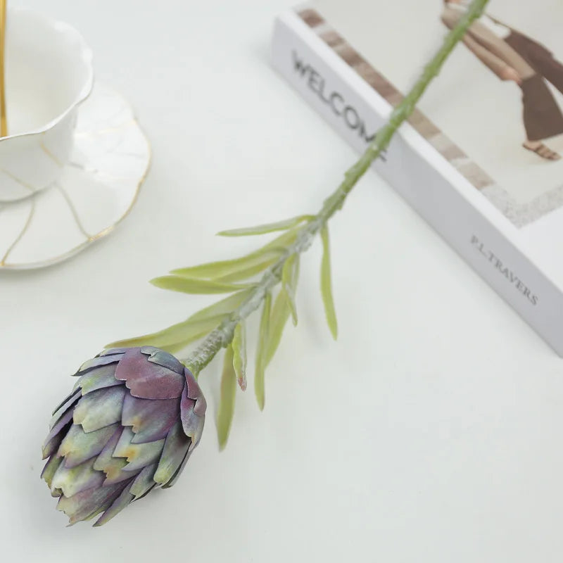 Artificial artichoke plant stem with close-up details