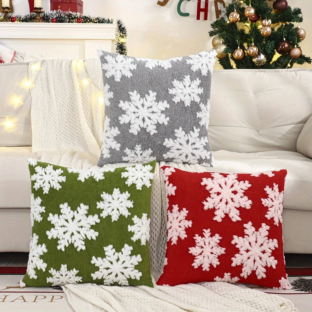 Housse de coussin décorative en jacquard de Noël - Motif flocon de neige