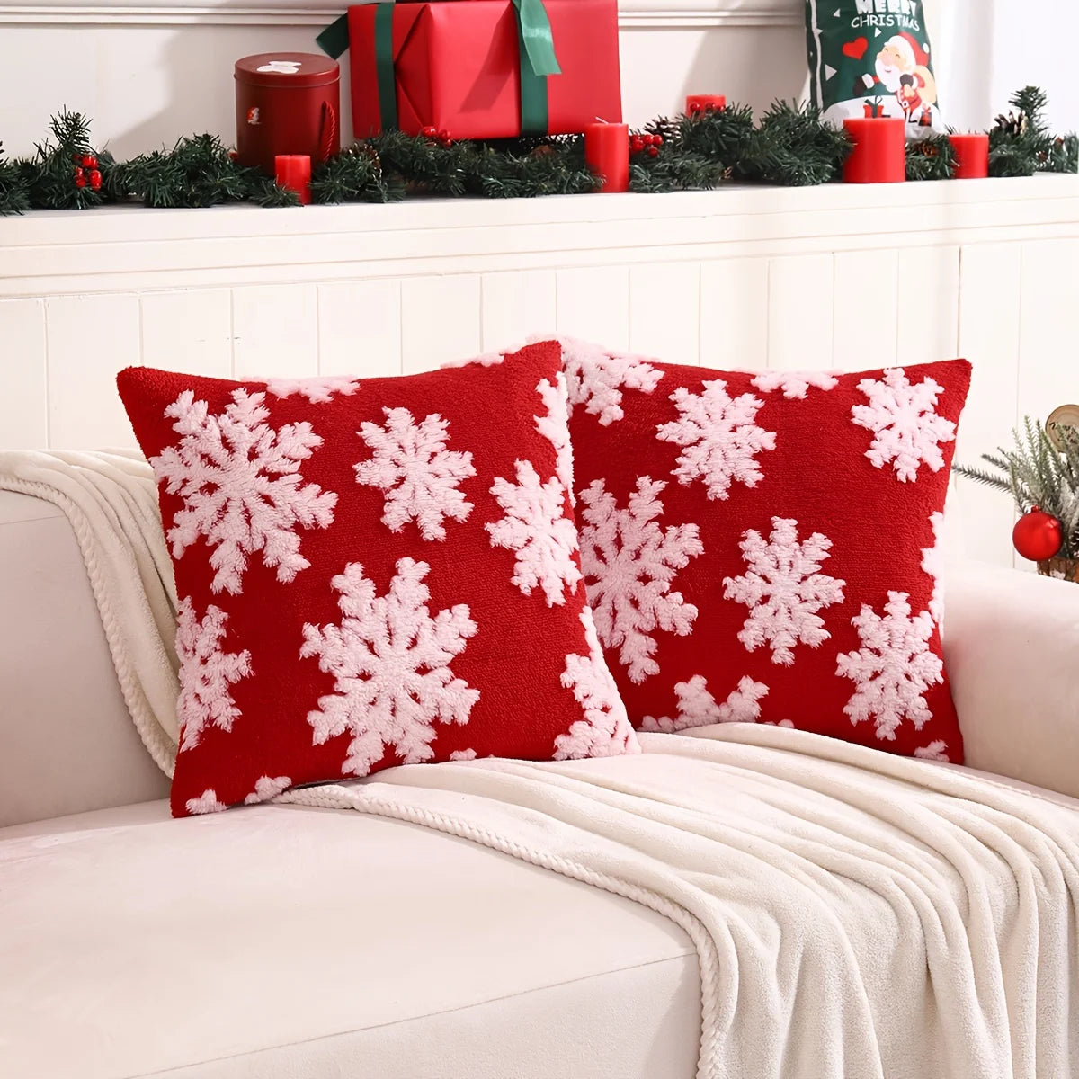 Housse de coussin décorative en jacquard de Noël - Motif flocon de neige