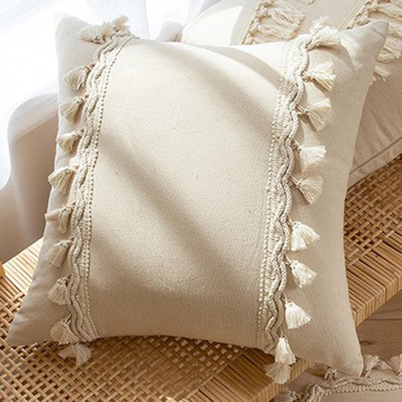 Housse de coussin marocaine à franges - Tissage en coton fait main avec pompons