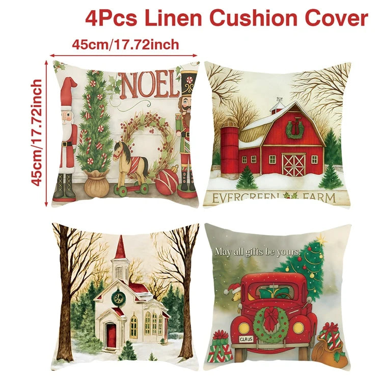 Lot de 4 housses de coussin de Noël en lin pour canapé et fauteuil