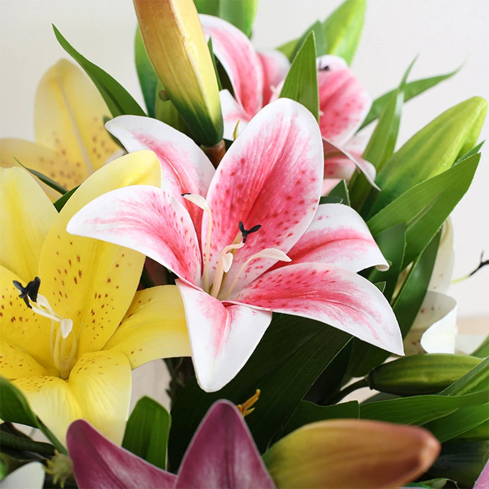Pink and yellow artificial lily stem detail - 41cm length with real-touch finish