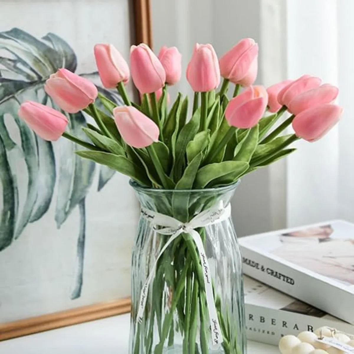 Pink artificial tulip bouquet in glass vase - home decor arrangement