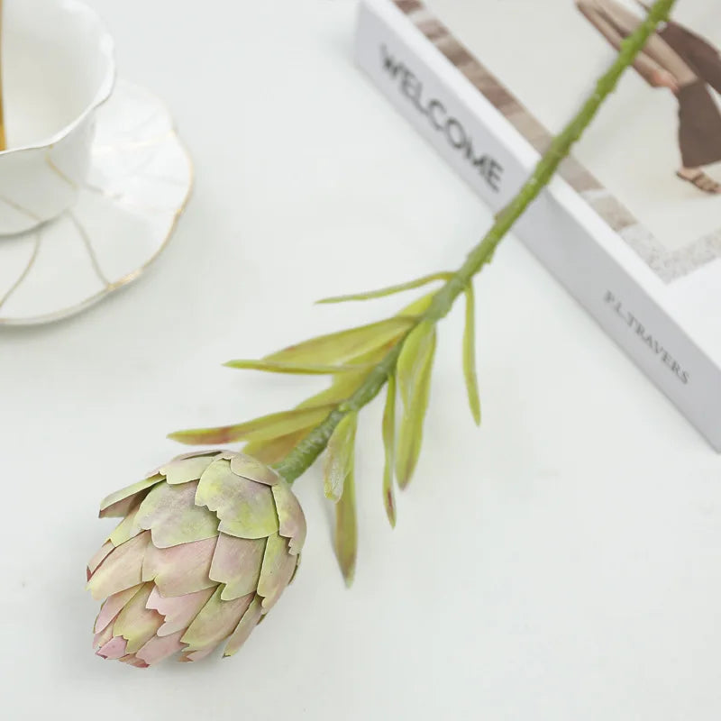 Artificial artichoke plant stem - detailed view of leaves and bloom