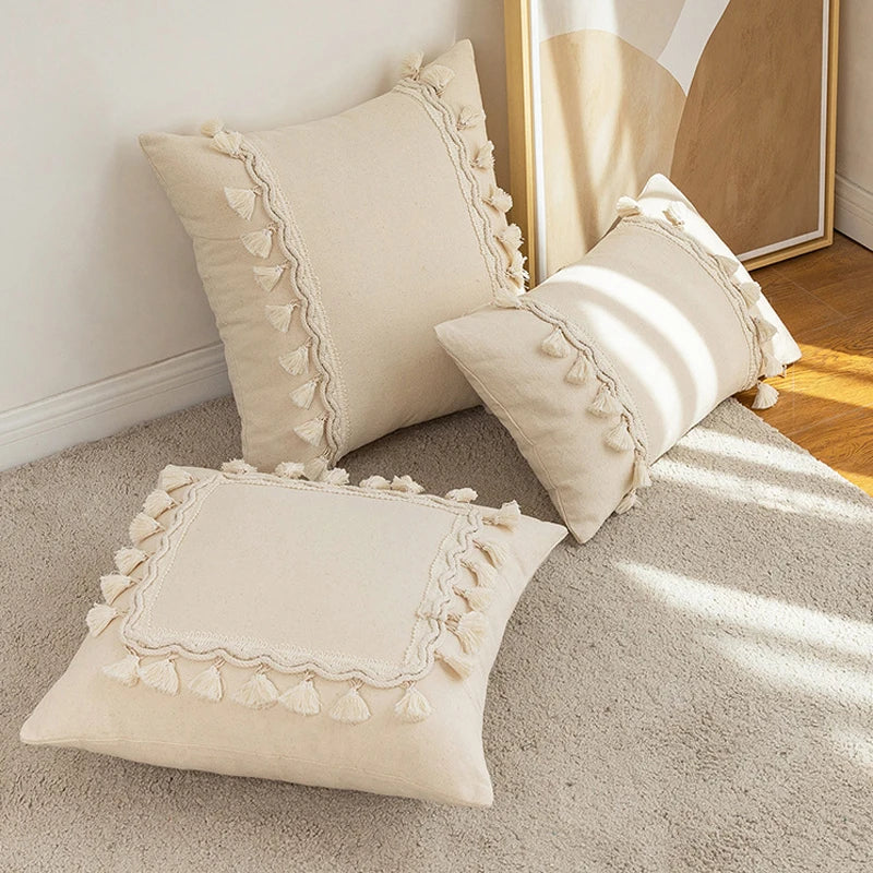 Housse de coussin marocaine à franges - Tissage en coton fait main avec pompons
