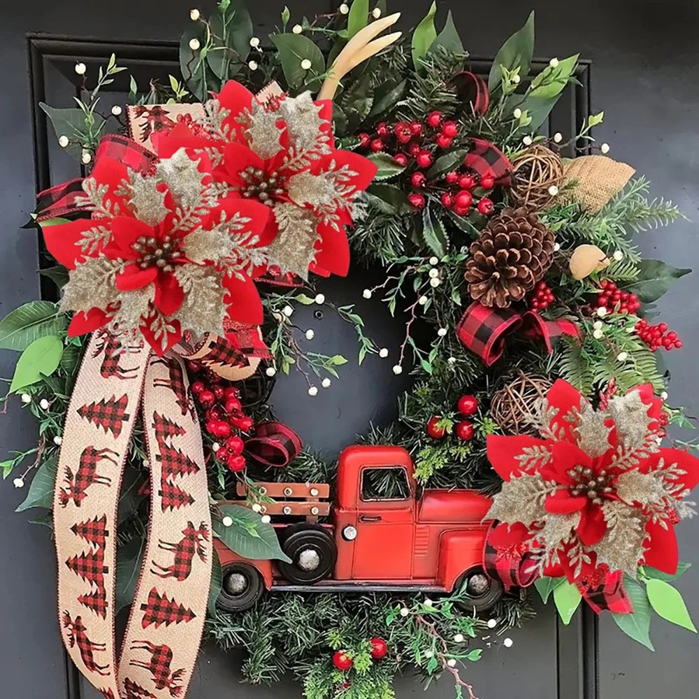 Fleurs de Noël artificielles pailletées – Décorations de 14,5 cm pour sapin et décoration d'intérieur, rose, rouge, or