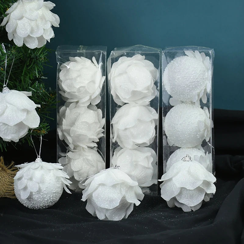 Hoho White Flower Christmas Ball Ornaments - 3 Pack