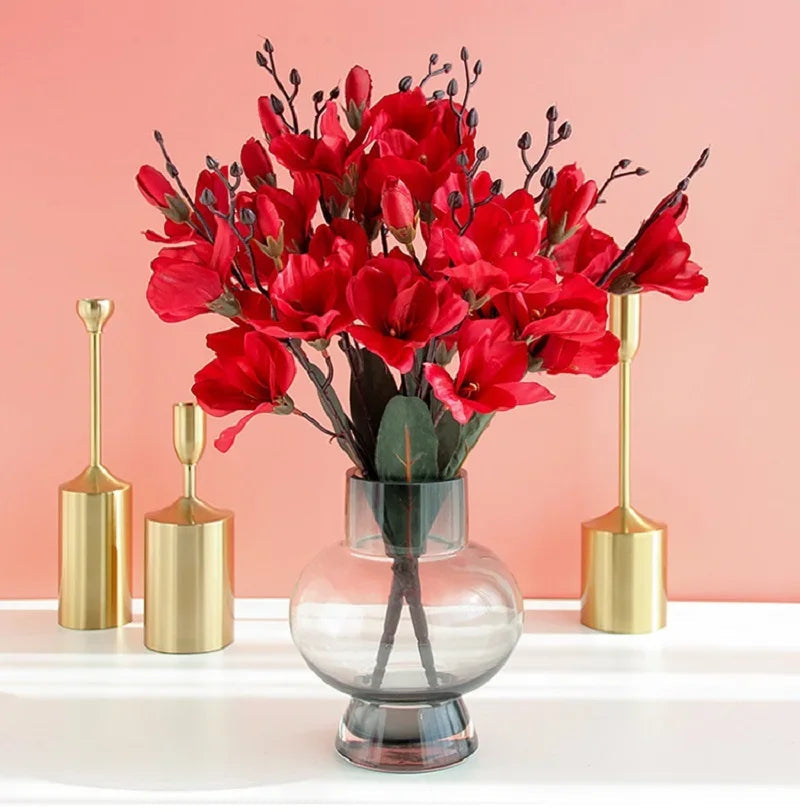 Magnolia bouquet 20 heads red artificial flowers in vase home styling