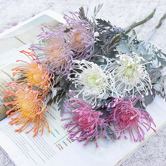 Fluff artificial pincushion flowers - colorful crab claw branch arrangement