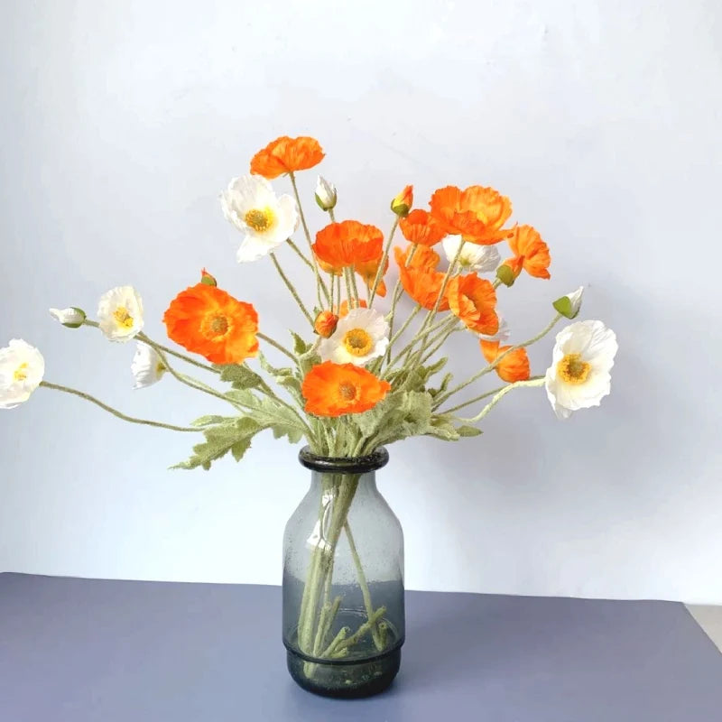 Valencia artificial poppy flowers orange silk stem in glass vase arrangement
