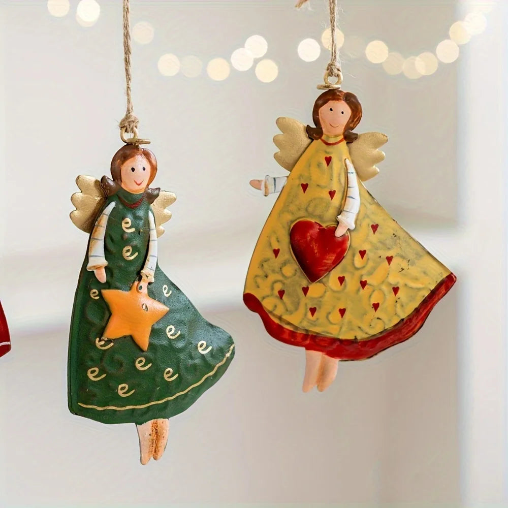 Zarah Vintage Angel Hanging Decorations - 4 Pack Wooden Christmas Tree Ornaments