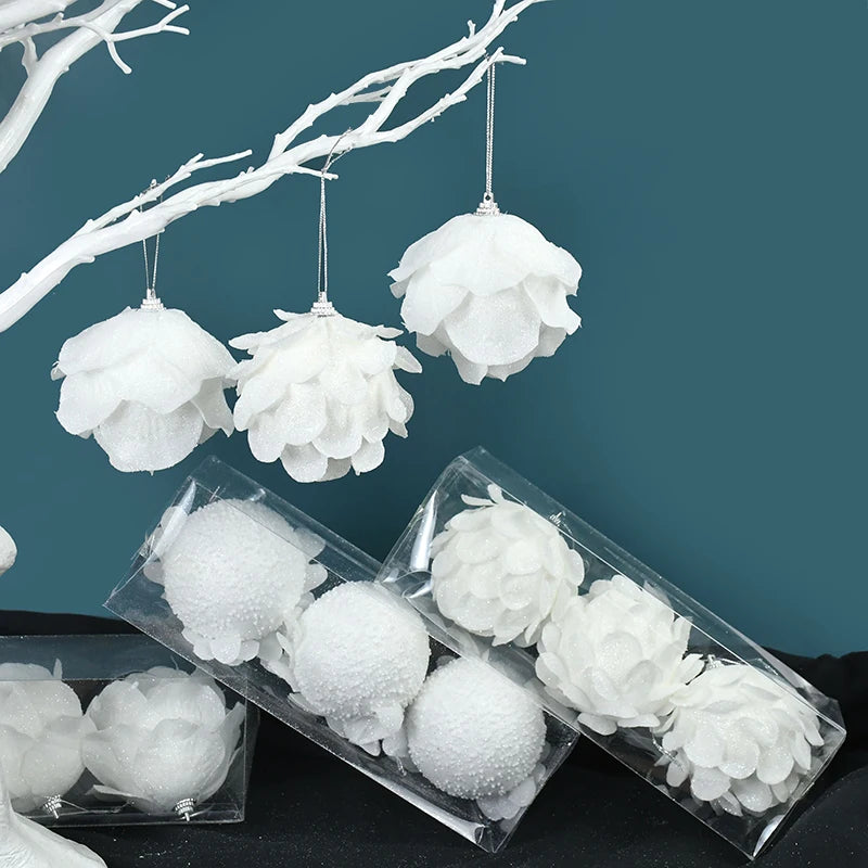 Hoho White Flower Christmas Ball Ornaments - 3 Pack