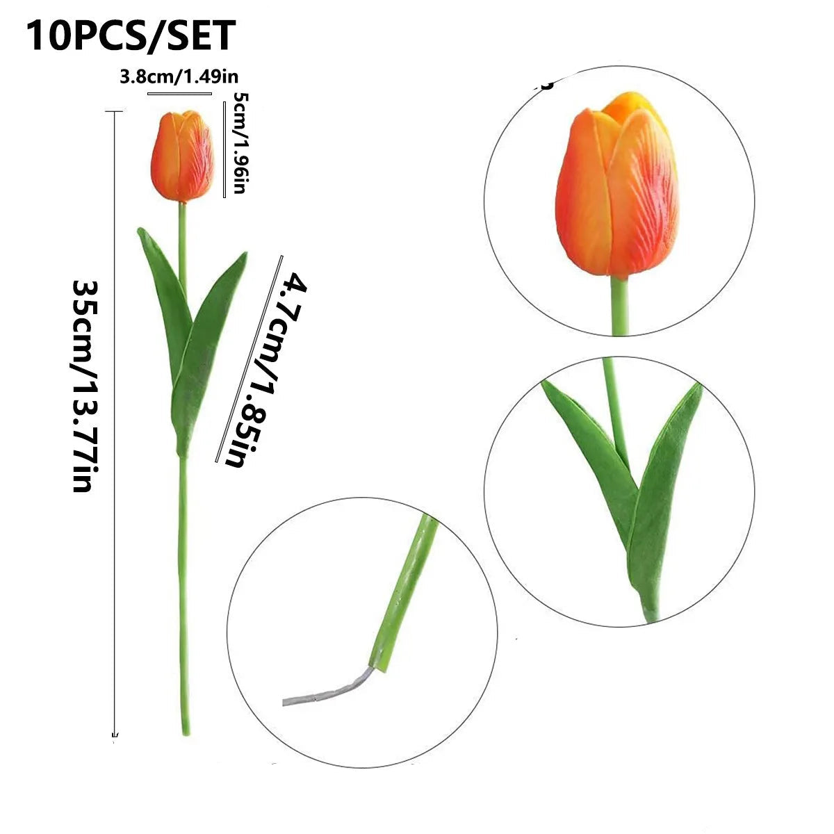 Single orange artificial tulip stem - realistic dimension detail