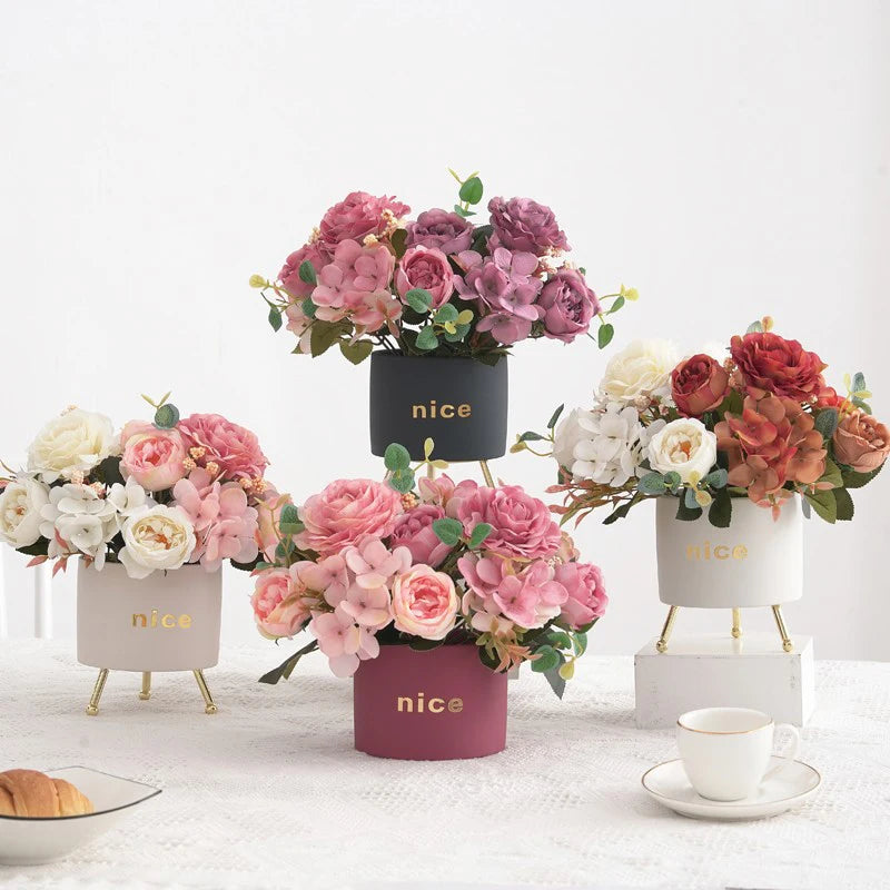 Mixed pink burgundy artificial hydrangea rose centerpiece