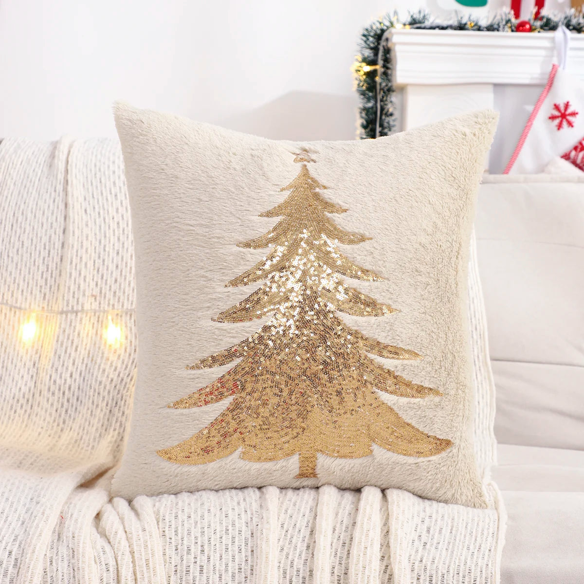 Hana Gold Sequin Christmas Tree Pillow Cover - Plush Embroidered Throw Cushion