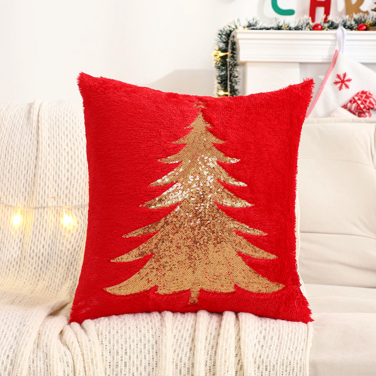 Hana Gold Sequin Christmas Tree Pillow Cover - Plush Embroidered Throw Cushion