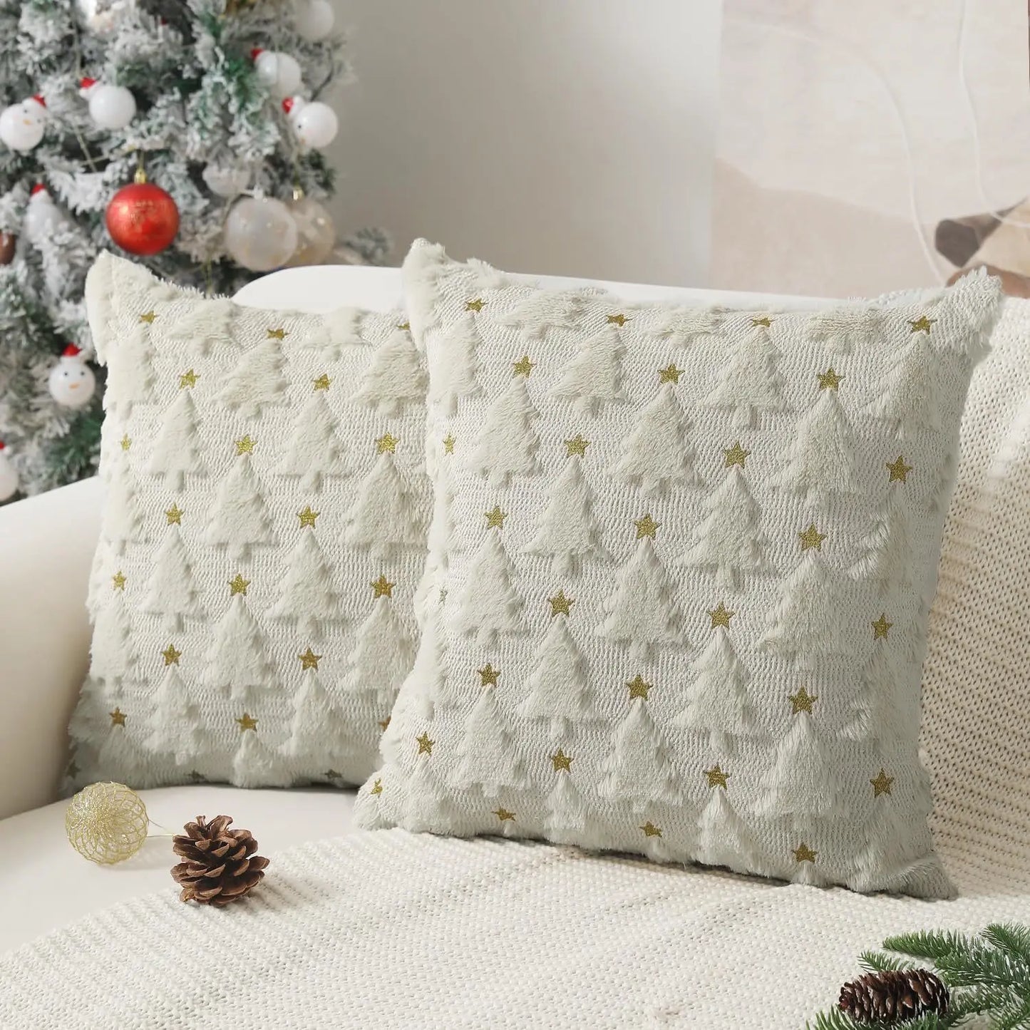 Yana Knitted Christmas Cushion Cover 45x45cm - Tree & Santa Throw Pillow Case